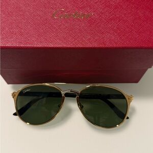 Cartier Unisex Sunglasses with Gold Frame and Dark Green Lenses